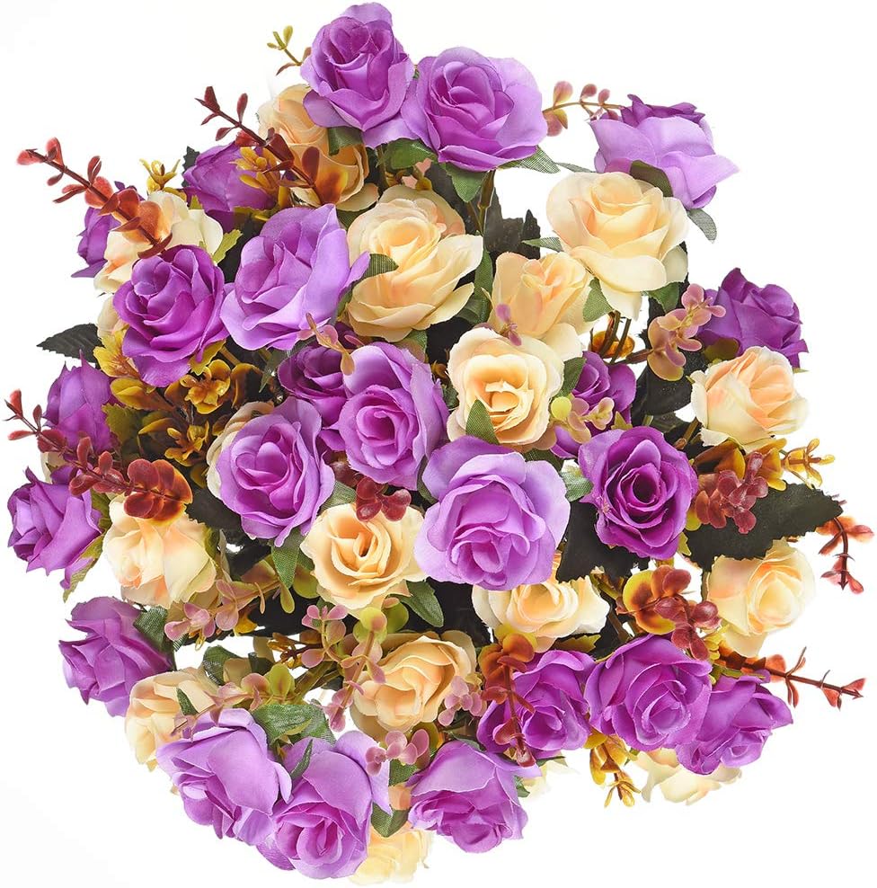 Artificial Flowers,2 Packs of Artificial Roses.24 Little Rose Silk Flowers. Plastic Flowers,Plants for Home Hotel Wedding Christmas Office Tables Decorations. Purple(5 Colors in Total)
