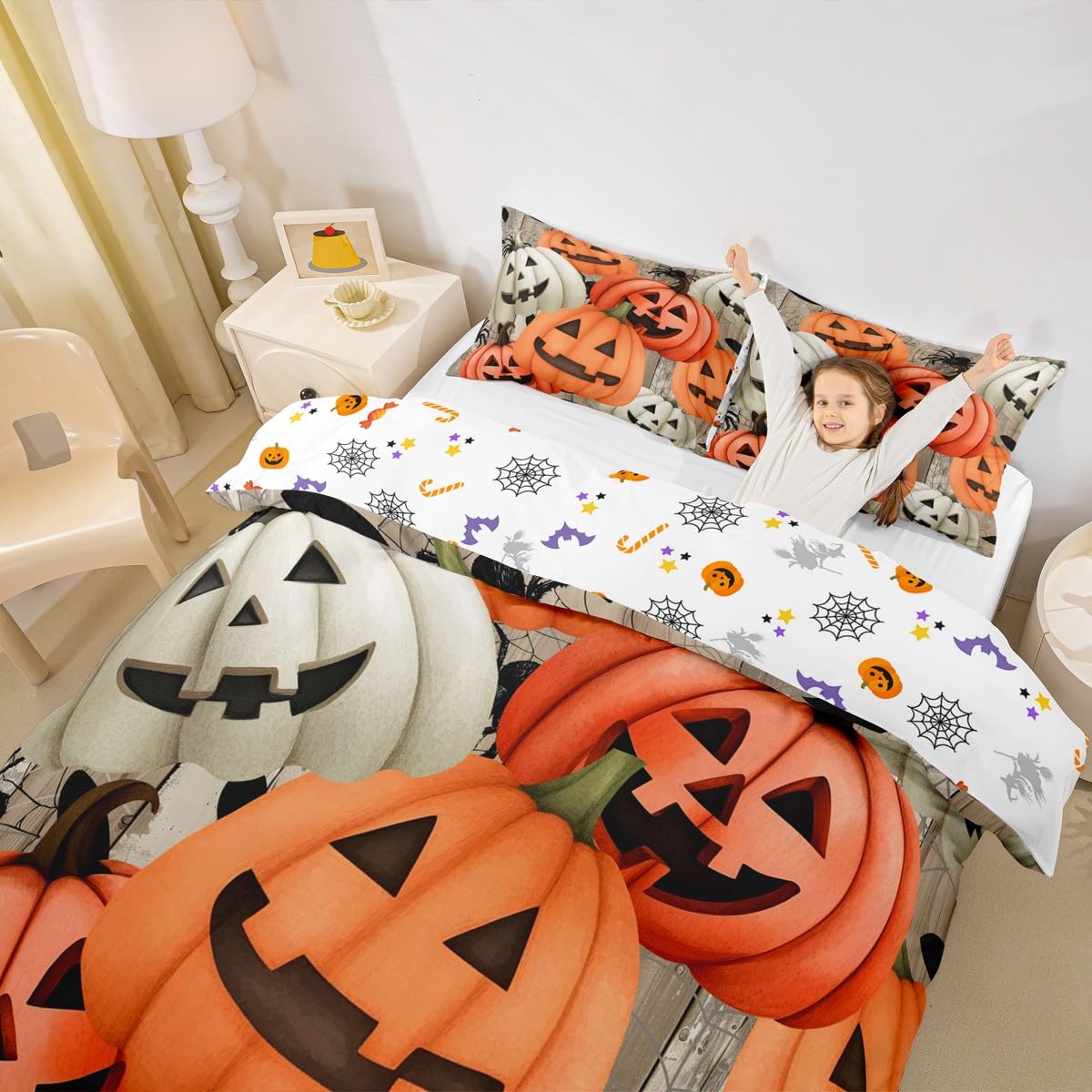 Homewish Halloween dynia poszewka na kołdrę super king śmieszne dynie zestaw pościeli gotycka pajęczyna poszewka na kołdrę dla dzieci chłopców dziewcząt, gotyckie jesienne dynie zestaw pościeli