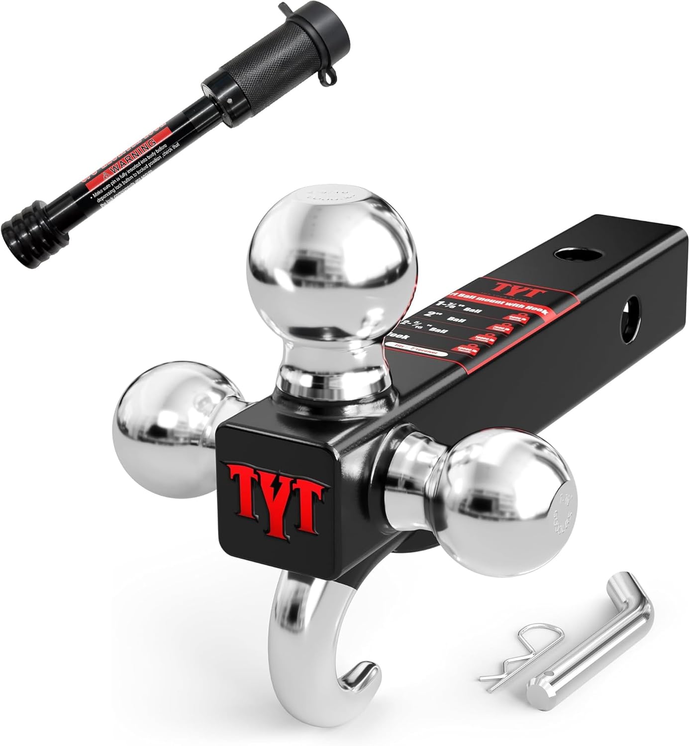 TYT Trailer Hitch Tri Ball Mount with Tow Hook and 5/8" Dia, 3-1/2" Long Lock,2"、1-7/8" 、2-5/16" Hitch Ball,10000 LBS GTW,Fits 2 inch Hitch Receiver