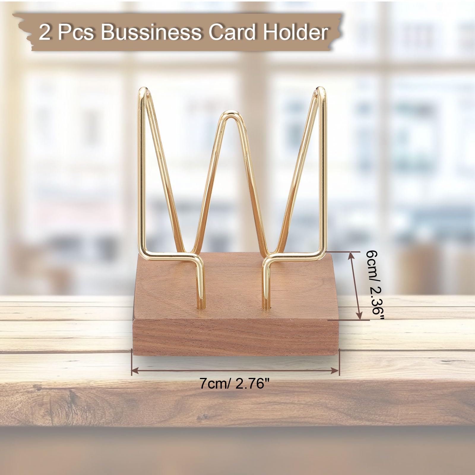 PATIKIL Vertical Business Card Holder for Desk, 2 Pcs Wood Desktop Business Card Holder Wooden Name Card Display Stand Organizer for Office Home Exhibition, Walnut Color, Gold - Image 2