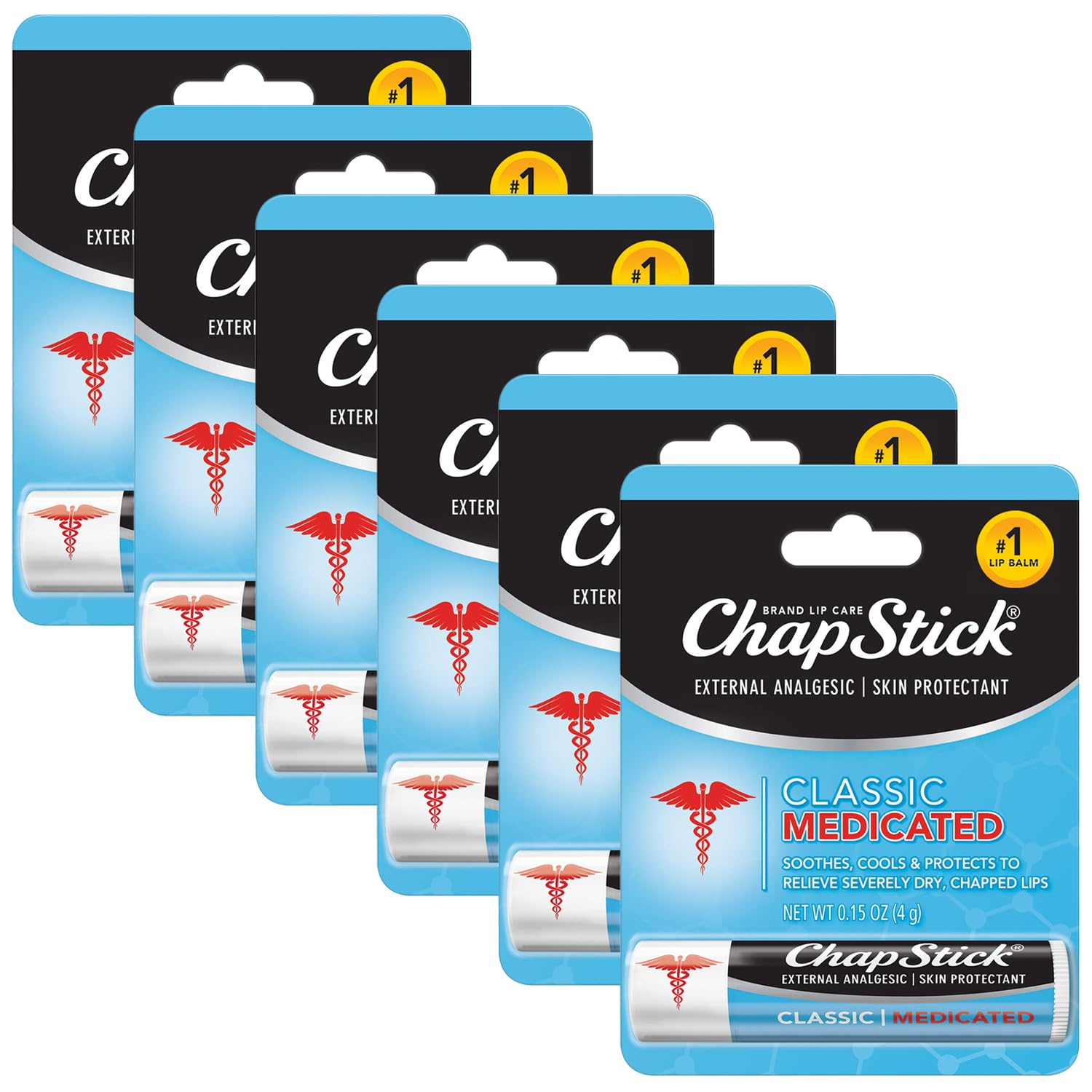 ChapStick Classic Medicated Lip Balm 6-Pack – External Analgesic, Skin Protectant for Dry Lips & Cold Sore Pain Relief, 0.15 Oz Ea