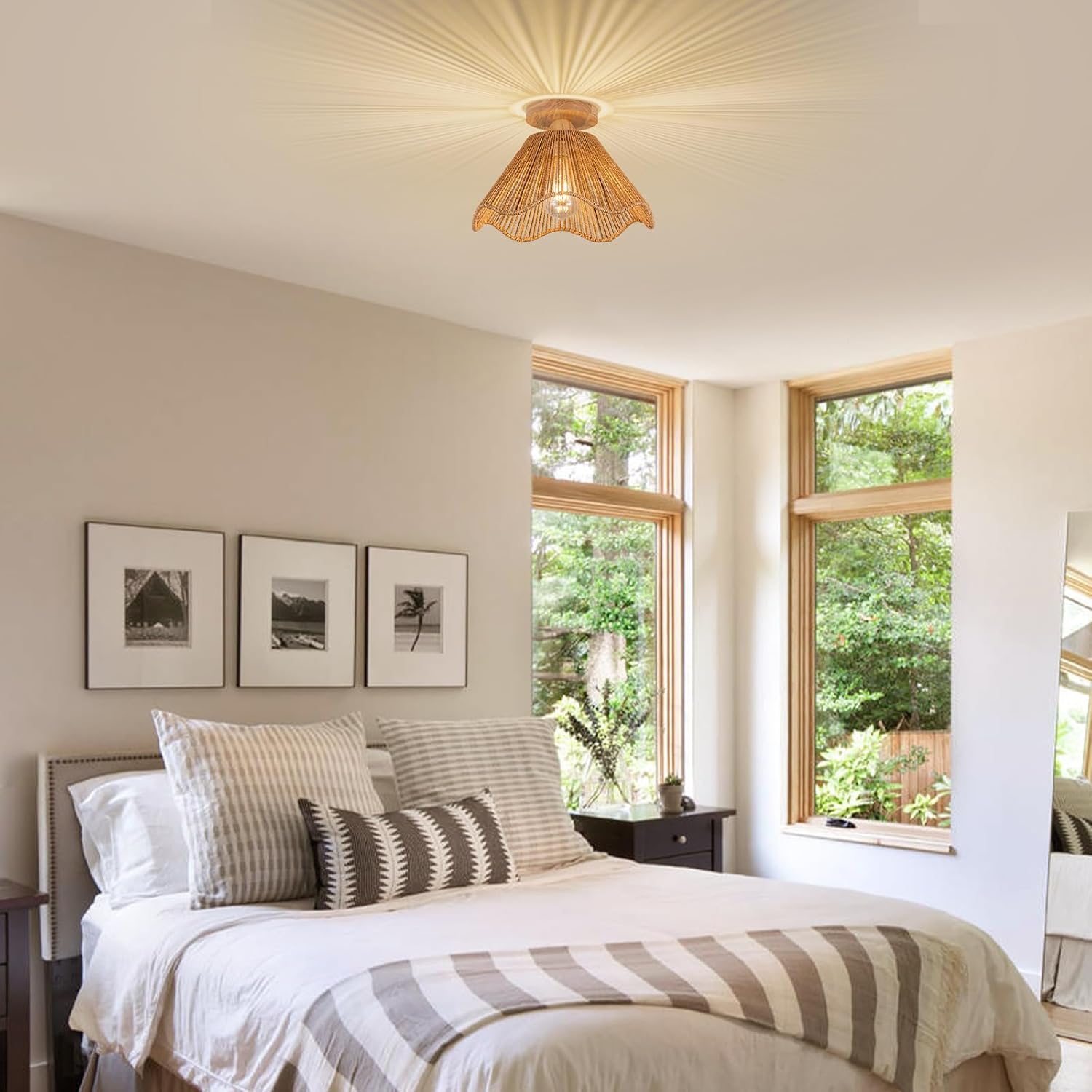 D12.5 Inch Boho Light Fixtures Ceiling Mount Boho Rattan Ceiling Light Flush Mount Mini Chandelier Bedroom Hallway Entryway Bathroom Nursery