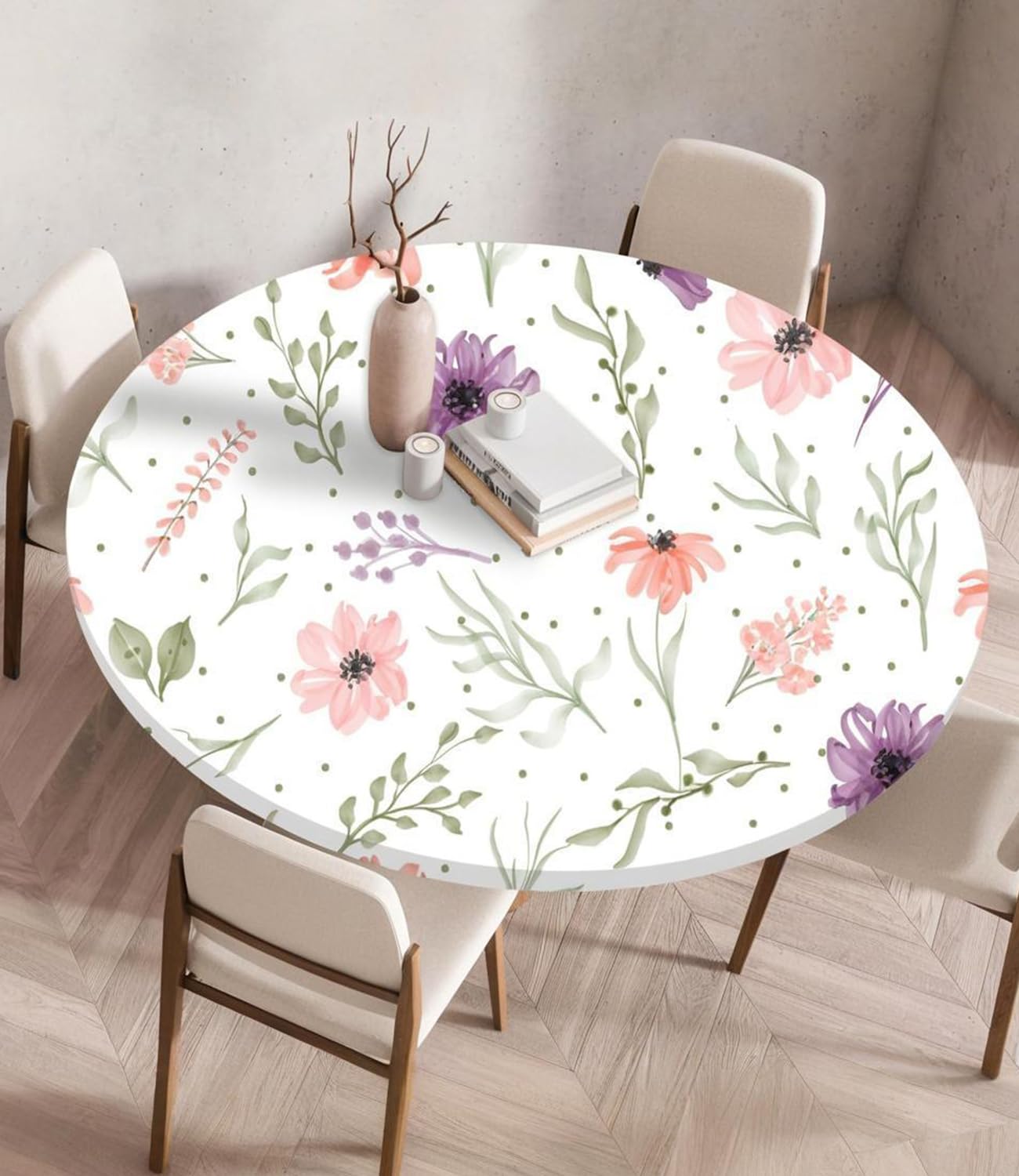 Highdi 3D Round Table Cover with Elastic, Circle Table Cloth Fitted Stretch Fitted Tablecloth Non-Slip Round Table Protector Washable for Home Hotel Dining Outdoor Garden (90cm,Botanical flowers)