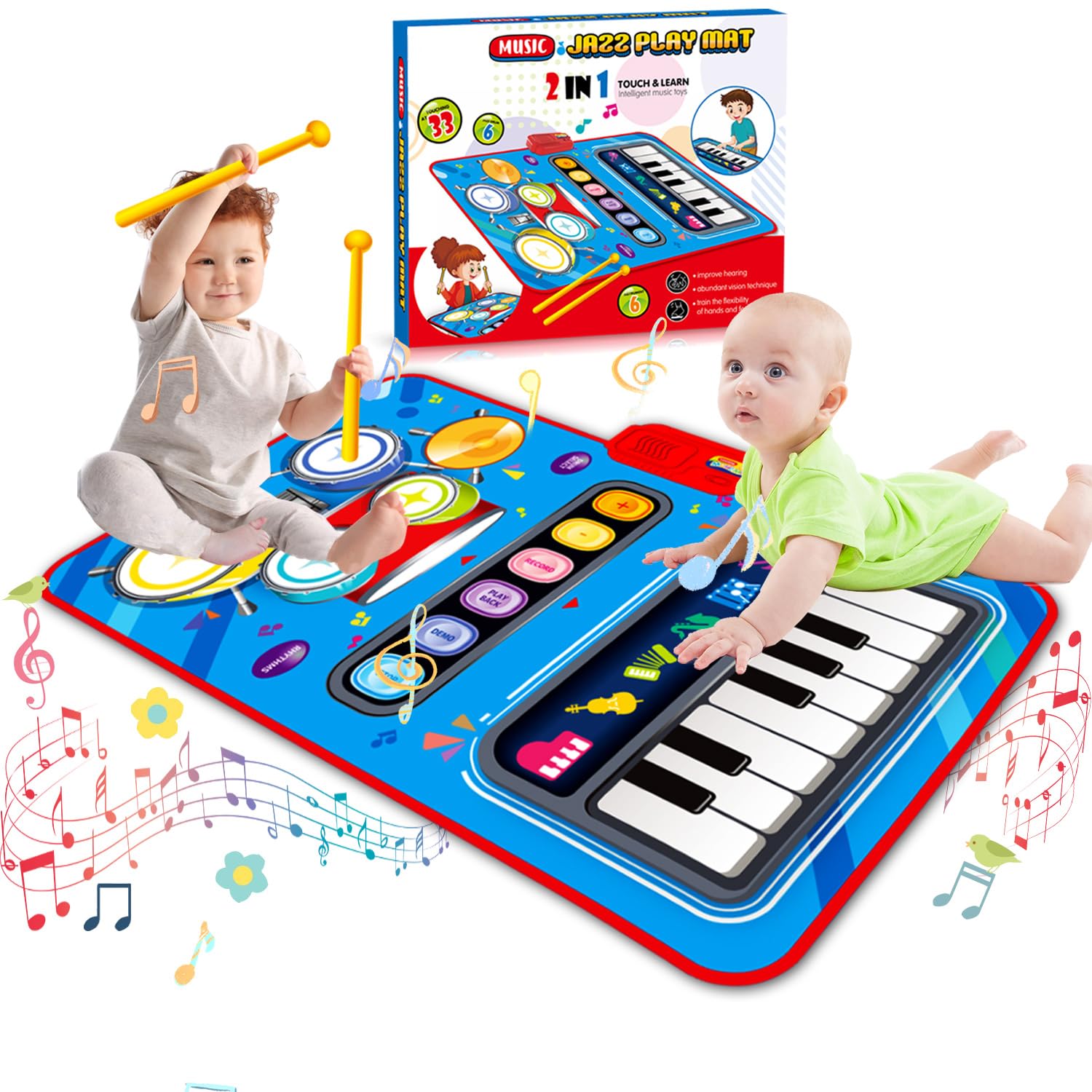 DQMOON 2 en 1 Alfombra Piano Músical Bebé con 2 Baquetas de Tambor, Juguetes para Niños de 1-5 Años, Alfombra de Baile Juguetes Música para Niños Niñas, RegalosCumpleaños de Navidad para 1 2 3 Años