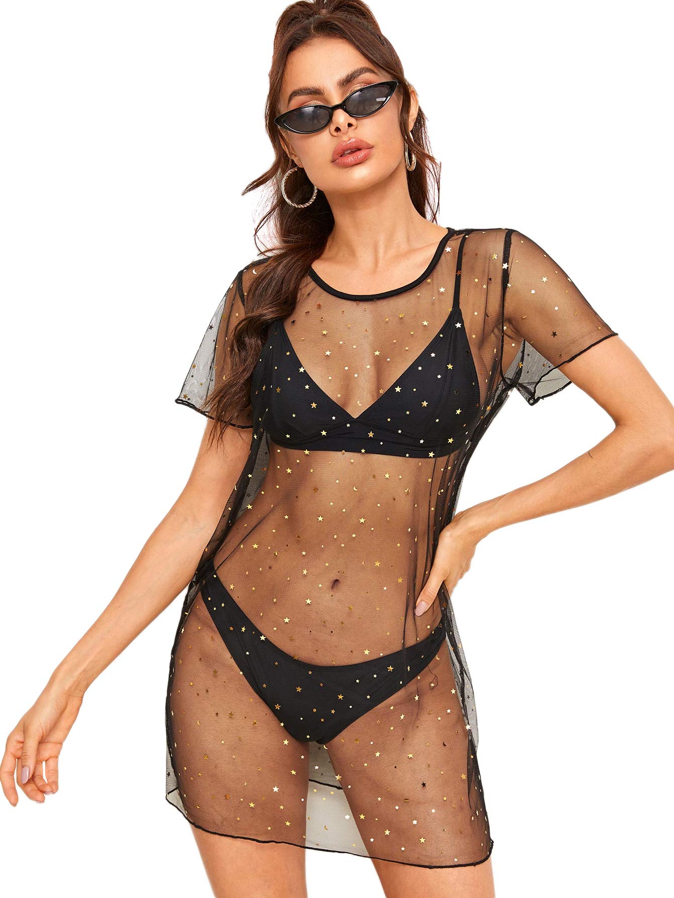MakeMeChic Women's Swimsuit Cover Ups Beach Swimwear See Through Sheer Mesh Dress Star Black L