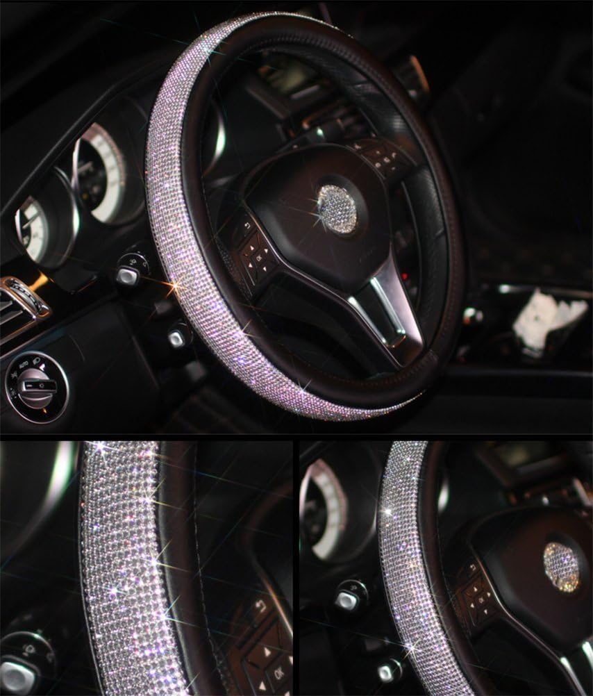 Bling Bling Rhinestones Car Steering Wheel Cover Leather Handcraft Steering Wheel Covers for Girls (Black)