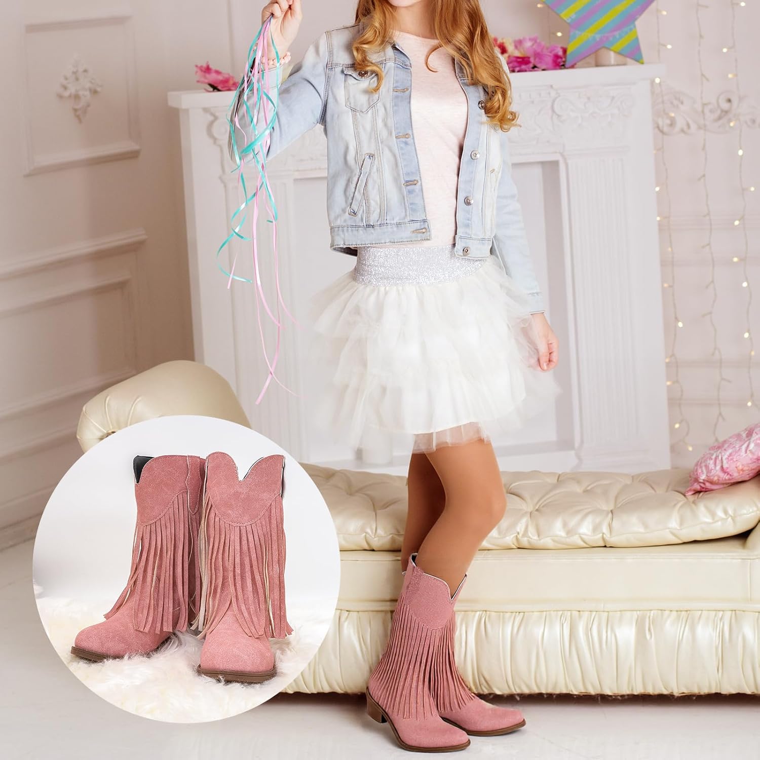 techcity Cowgirl Boots for Girls Mid Calf Pointed Toe Kid Cowboy Boots with Tassel Fringe Low Heel Warm Fleece Riding Shoes Little/Big Girls