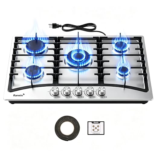 Ranein 30 Inch 5 Burner Gas Cooktop, NG/LPG, 304 Stainless Steel