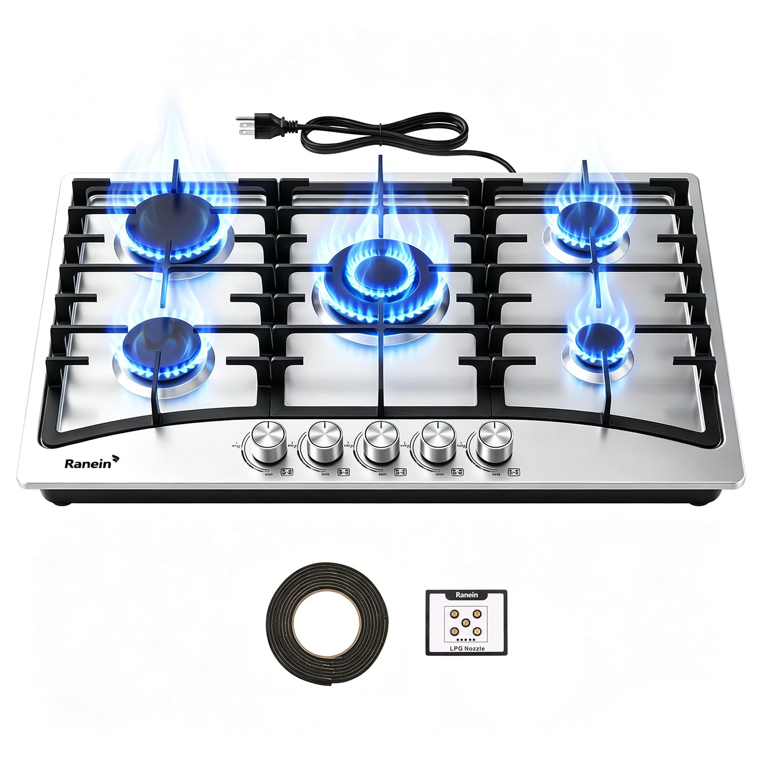 Ranein 30 Inch 5 Burner Gas Cooktop, NG/LPG, 304 Stainless Steel