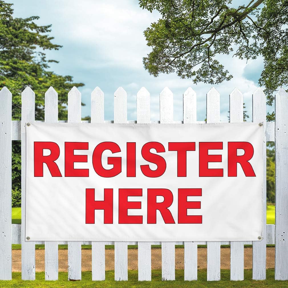 Vinyl Banner Multiple Sizes Register Here Red Business Outdoor Weatherproof Industrial Yard Signs 4 Grommets 24x36Inches