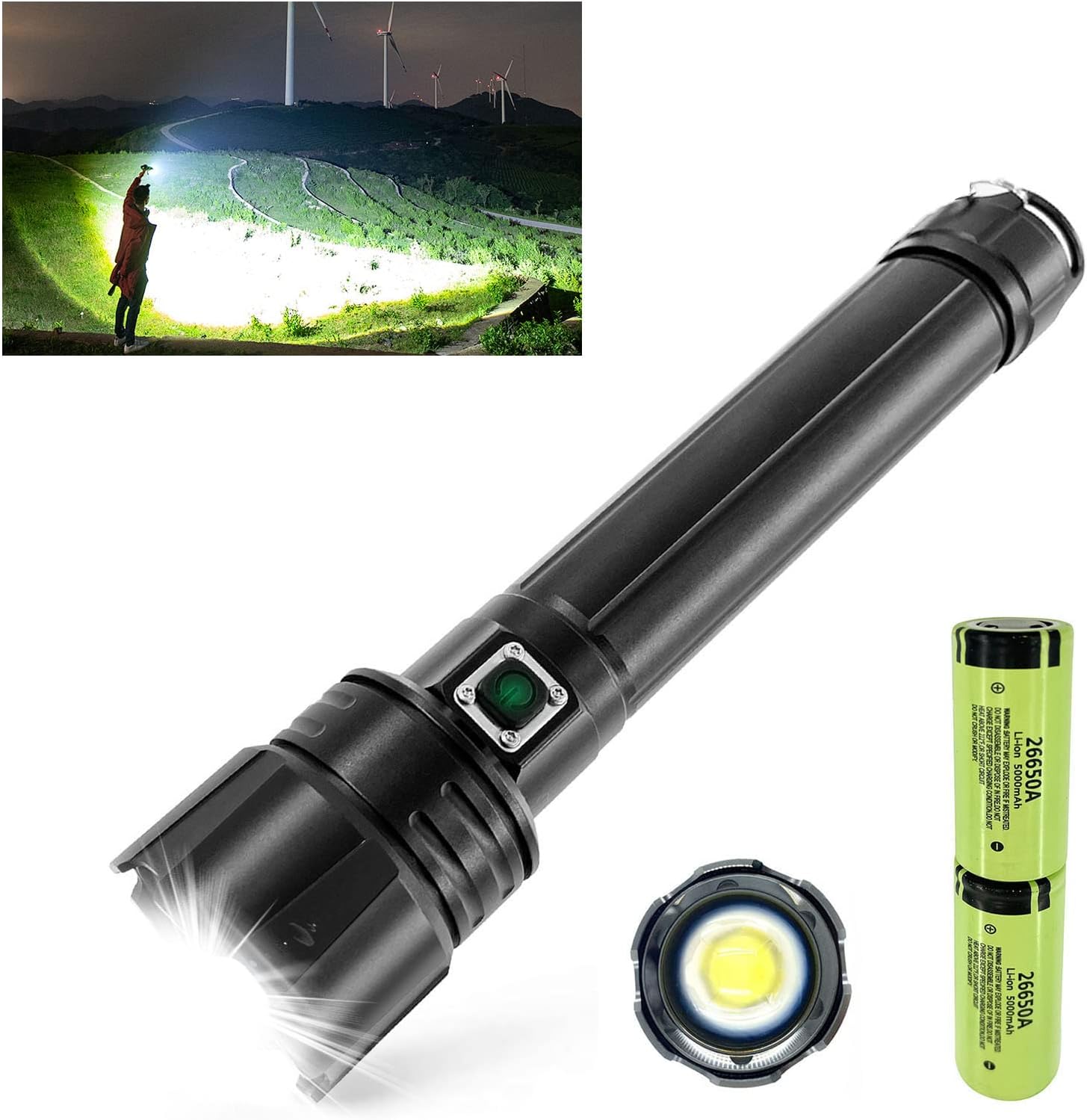 Rechargeable Flashlights High Lumens, 90000 lumens Brightest Tactical Flashlight, Zoomable Waterproof LED Flashlight with 26650 Batteries Included & 3 Modes, for Outdoor Emergencies, Camping, Hiking : Tools & Home Improvement
