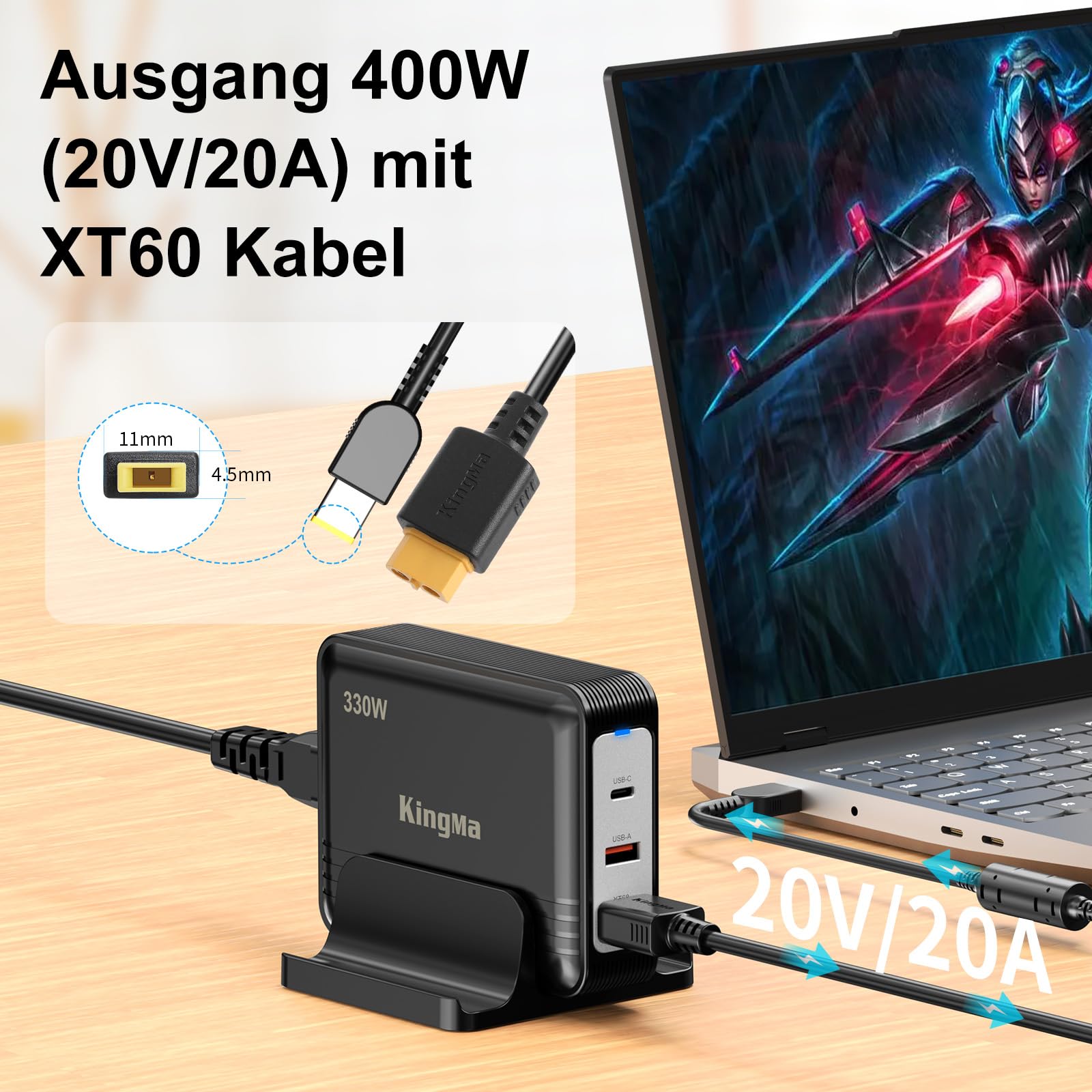 King Ma GaN Caricatore portatile a 3 porte, ricarica USB veloce con uscita da 20 V/20 A, per Legion Pro 7i Gen 10 gaming e caricabatterie tecnici per laptop