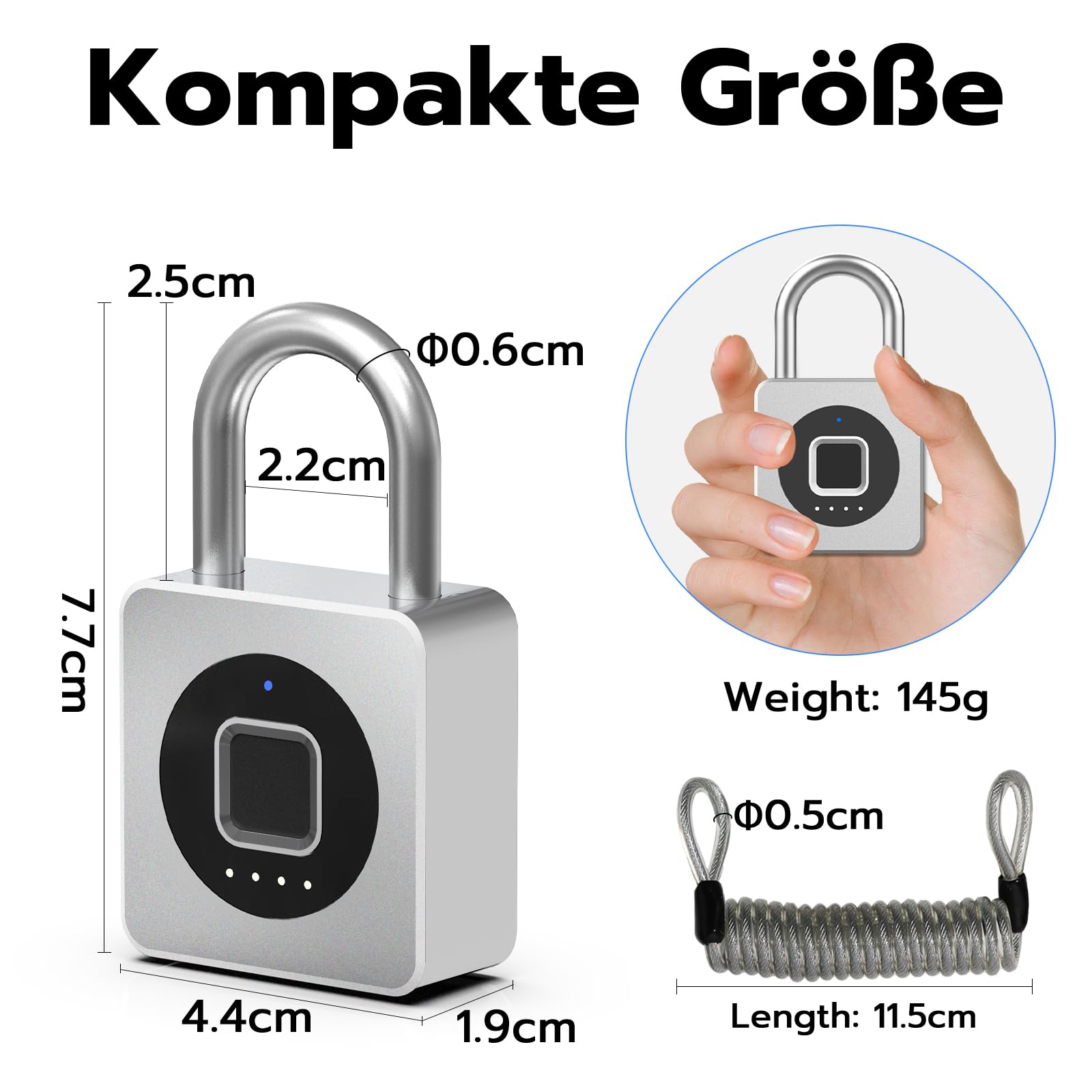 Eseesmart Serrure à empreintes digitales - Cadenas à empreintes digitales avec câble, Smart Lock avec application Bluetooth, serrure intelligente étanche pour armoire, casque, vélo, maison