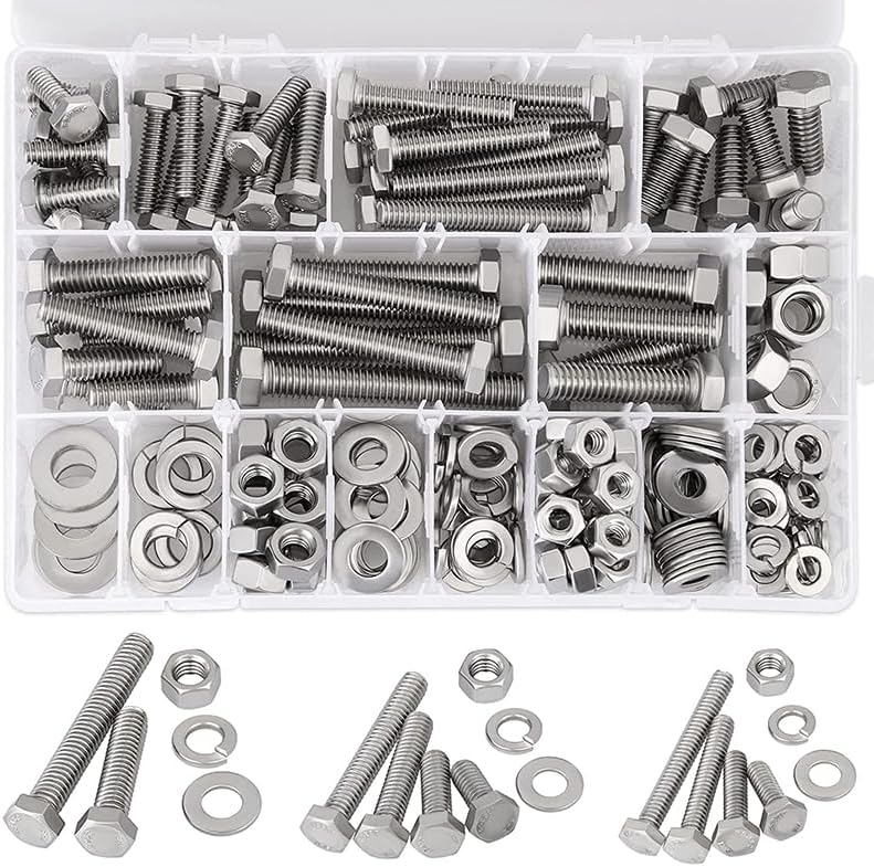Generic 240Pcs Hex Bolts and Nuts Kit Stainless Steel Spring Washers Assortment Kit 3/8"" 1/4"" 5/16"" SAE Machines Screws Set - (Color: Silver)