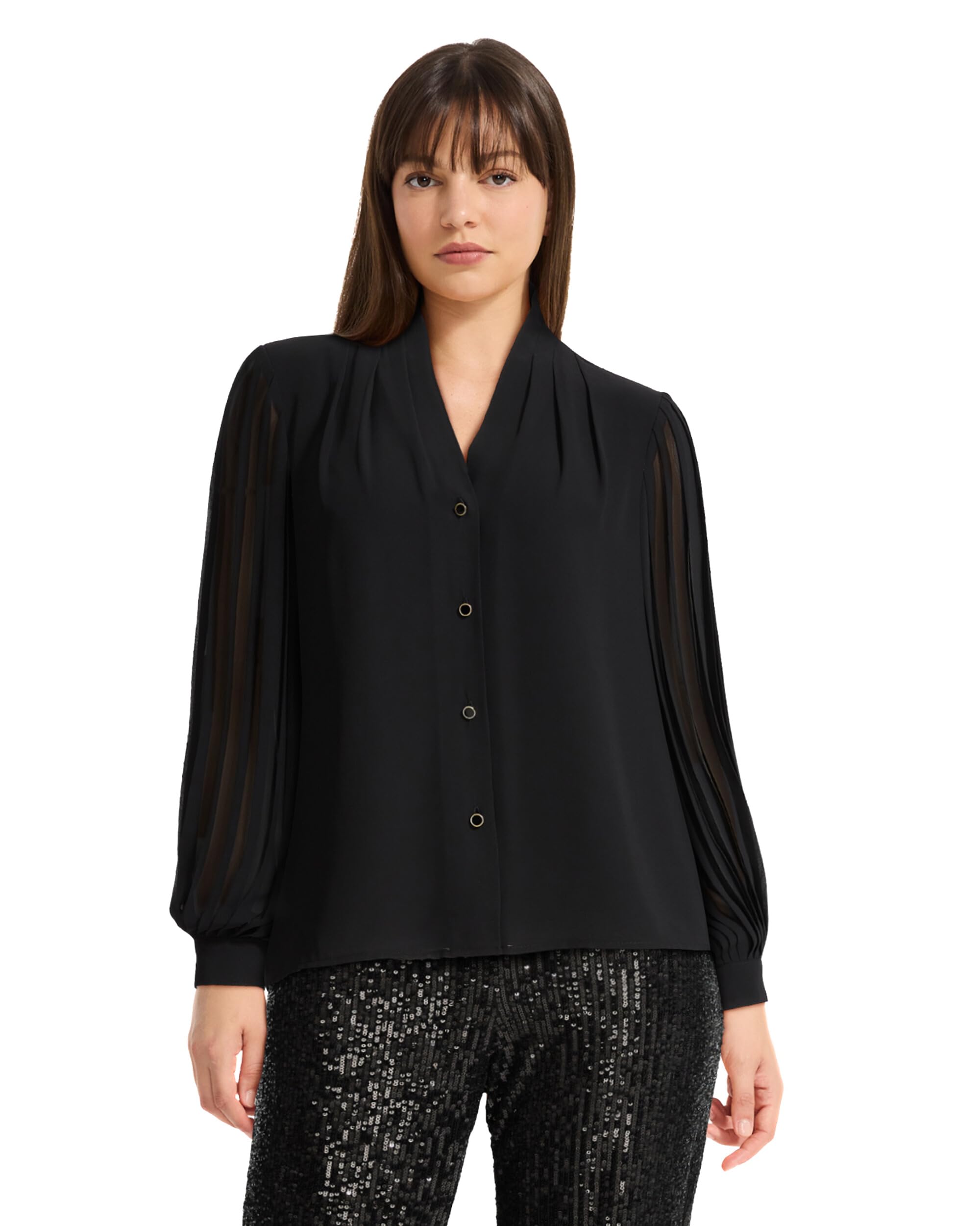 Anne Klein Women's Long Pleated Sleeves V-Neck Button Front Top, Anne Black, M