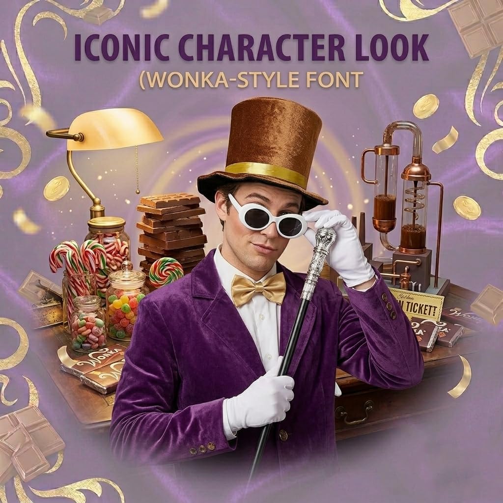 Halloween Chocolate Factory Costume, Chocolate Top Hat Accessories Set 5 Pcs Hat Sunglasses Scepter Bowtie Gloves for Adult Men Women Magic Movie Character Dress Up Parade Cosplay Dance Recitals
