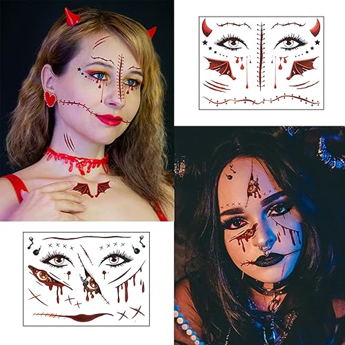 Miniatura 2 de 8 piezas de tatuajes faciales de Halloween, de terror, realista, falsa herida sangrienta, cicatriz, impermeable, temporal, tatuaje, calcomanías de