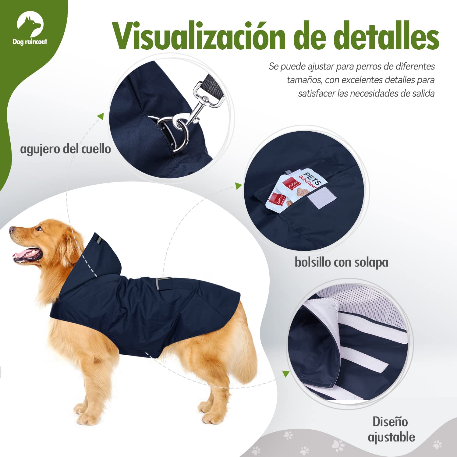 Impermeable para Perros con Capucha y Collar Agujero y Tiras reflectoras seguras, Ultra-Light Transpirable Impermeable 100% Chaqueta para Lluvia por Zellar para medianos Perro de Raza Grande