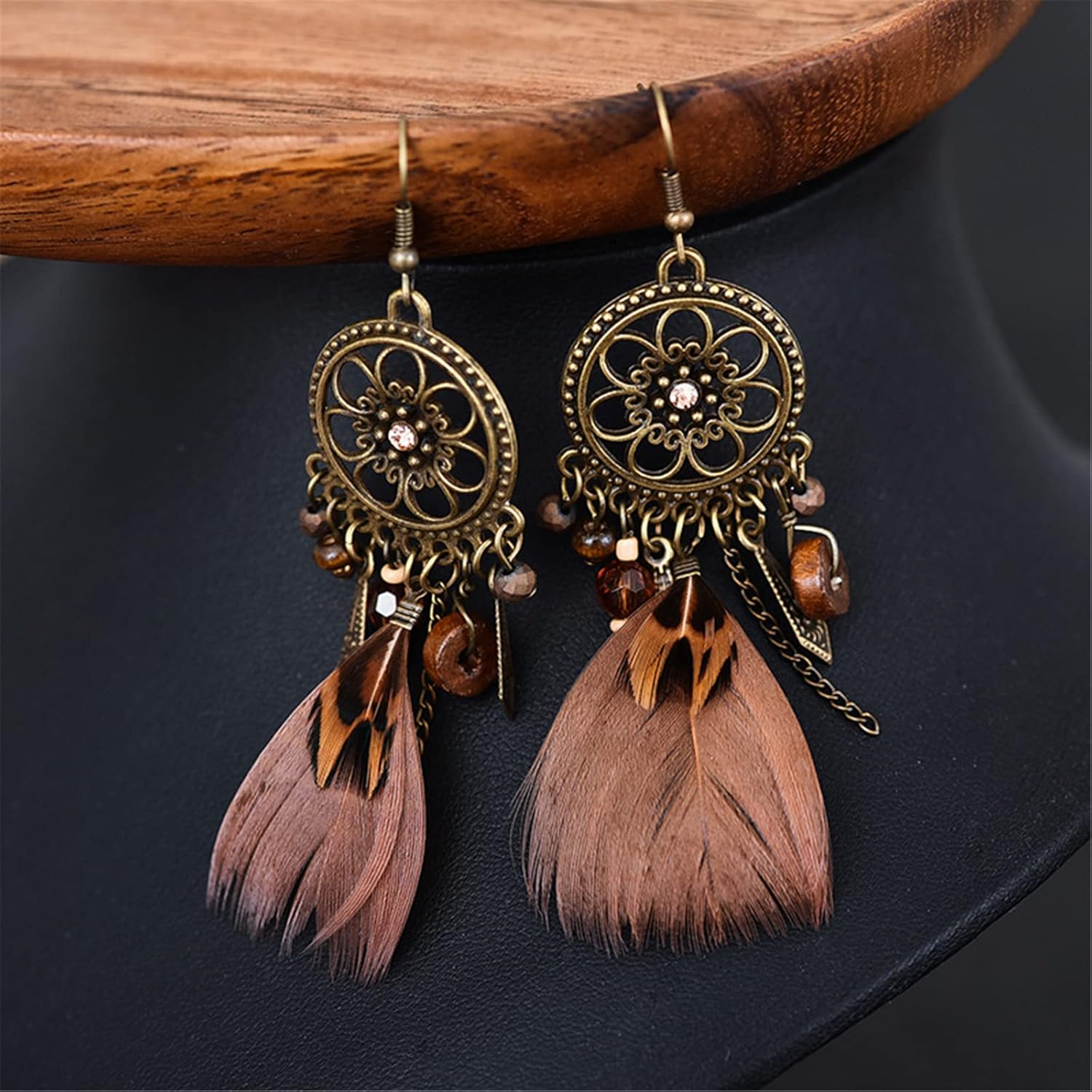 MALOYANVE Punk Vintage Brown Long Tassel Feather Beads Drop Wolf Tooth Pendant Earring Bohemian Fish Hook Dream Catcher Design Earrings Gift for women - Image 2