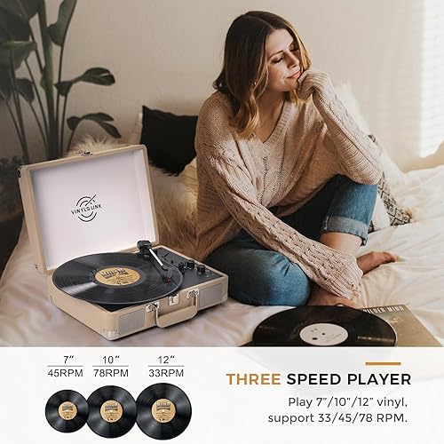 Miniatura 6 de Tocadiscos de Vinilo Bluetooth con Control de Agudos y Graves, Vintage, Portátil, Maletín, con Altavoces Integrados, LP, 33 45 78 RPM, Transmisión