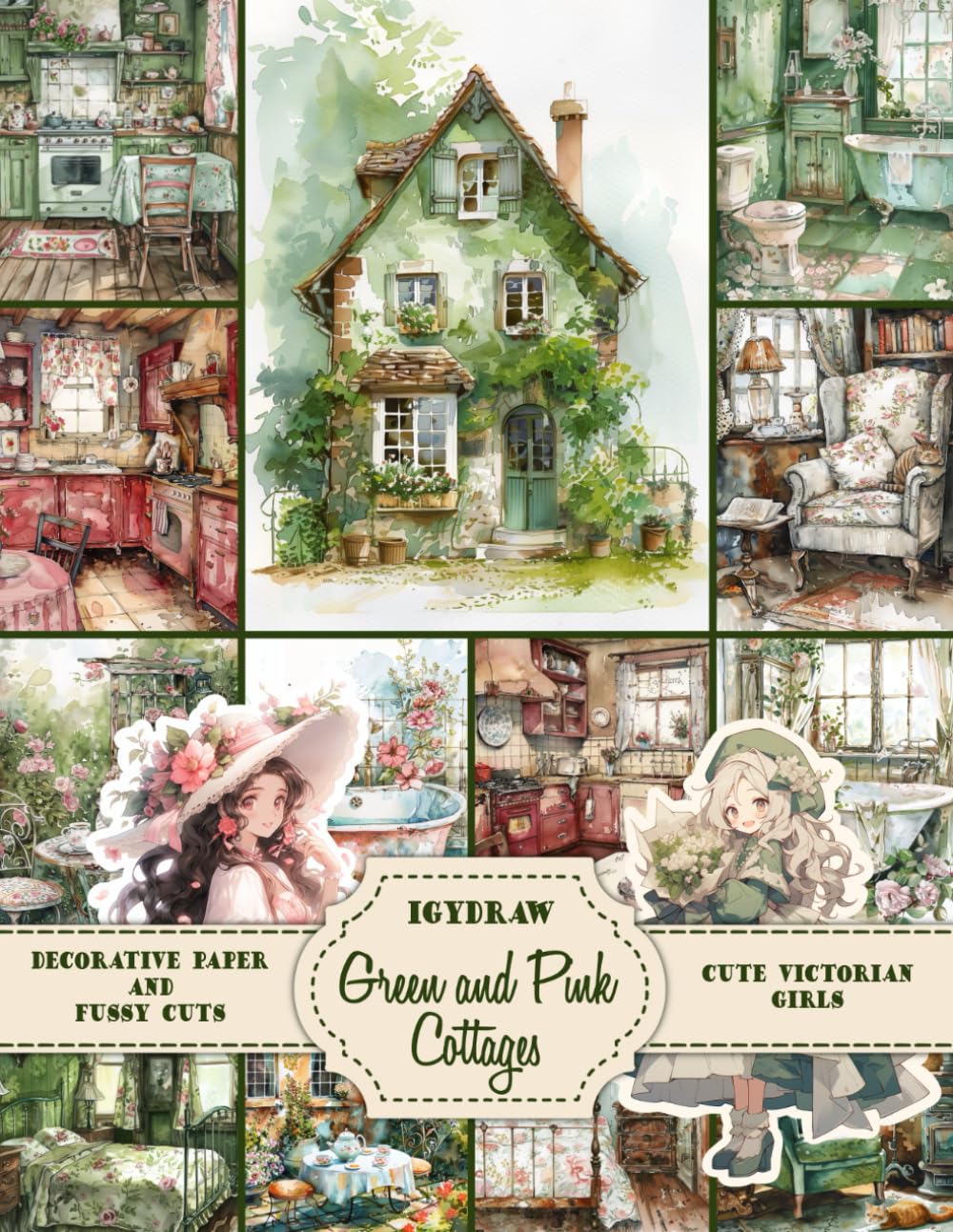 Green and Pink Cottages - Victorian Ladies - Scrapbook Paper: Decoupage Paper with Watercolor Cottage Illustrations, Floral Pattern and Victorian ...
