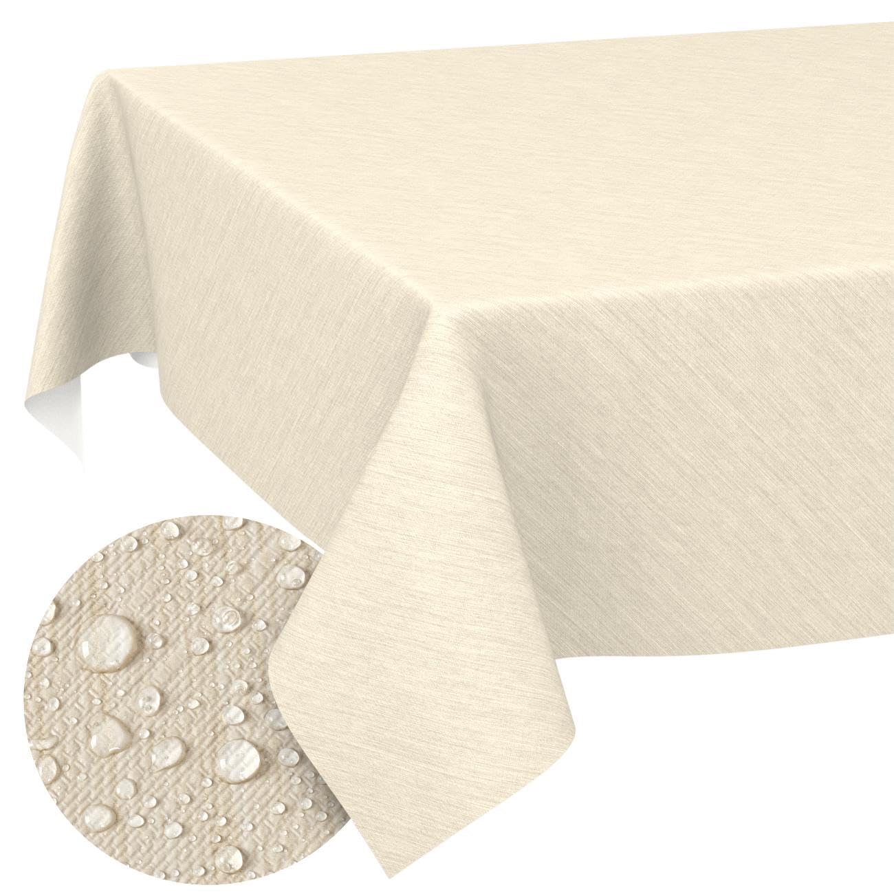 Washable Oilcloth Tablecloth Garden Tablecloth Linen Look Easy Care Water-Repellent 180 x 140 cm (Rectangular) Cream Cut Edge