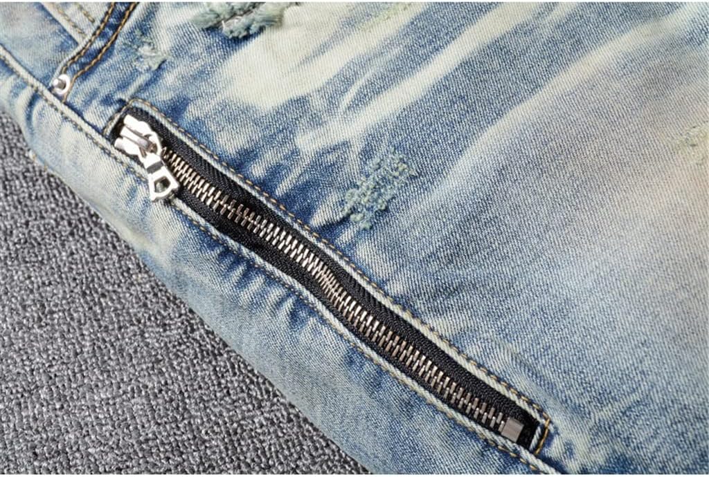 Men's Pu Leather Patchwork Biker Jeans Zippers Retro Light Stretch Denim Slim Pants