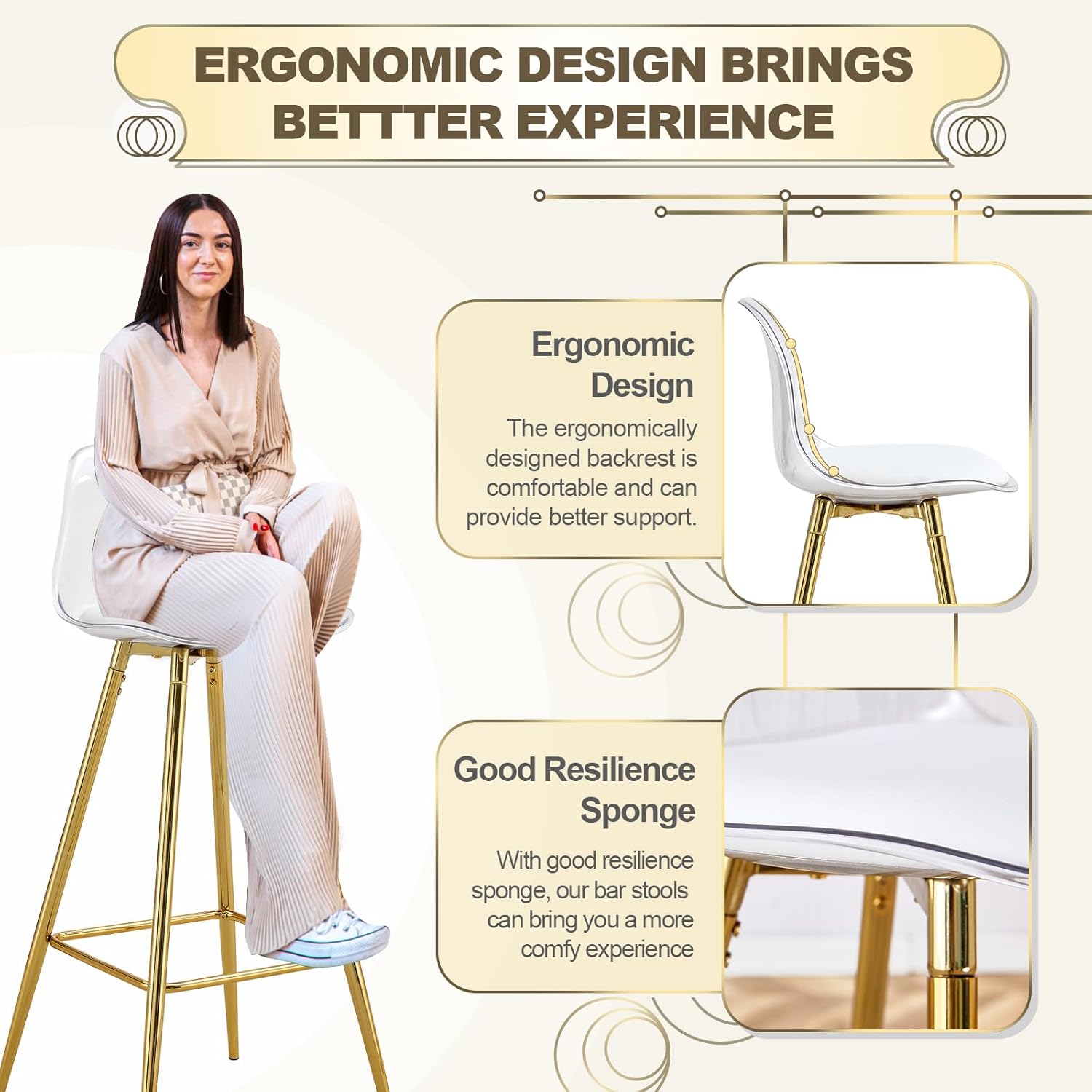Small Clear Bar Stools Set of 2 Up to 180 Lbs, Modern Tall Bar Stool with 4 Sturdy Metal Legs, Acrylic Bar Stool with Clear Back, Small Size Pu Cushion, for Bar, Kitchen - Gold