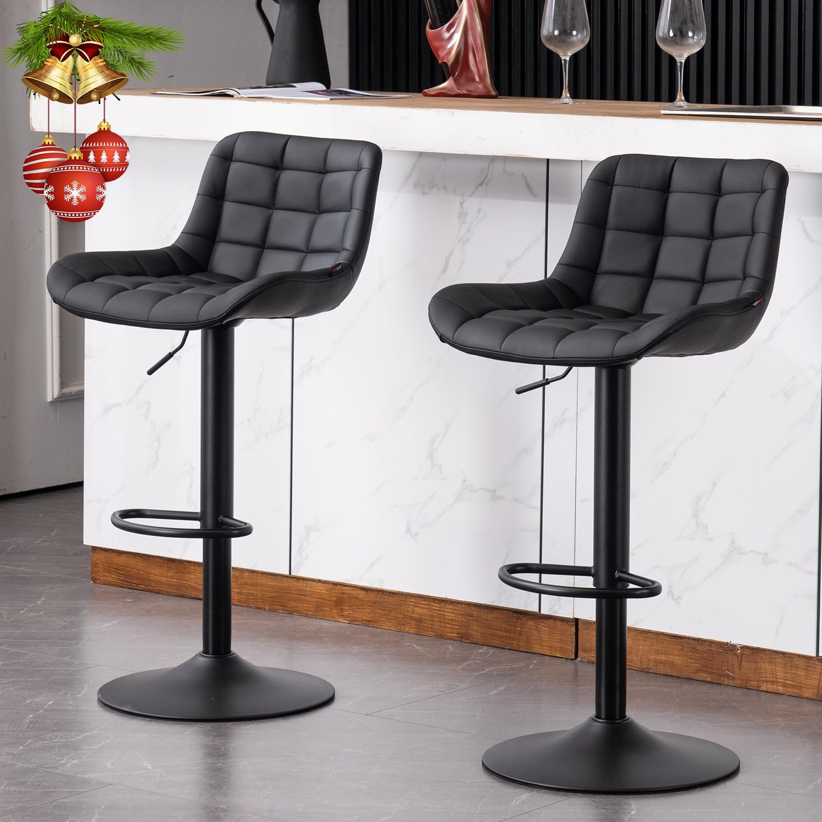 YOUTASTE Black Bar Stools Set of 2 Counter Height Bar Stool Faux Leather Upholstered Barstools Mid Century Modern Adjustable Swivel High Back Bar Chairs for Home Kitchen Island