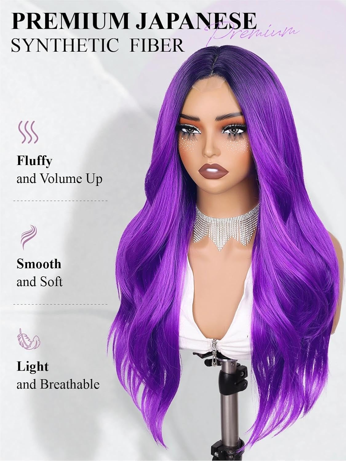 Long Purple Wavy Wig Ombre Purple Curly Wavy Wigs Natural Middle Part Simulated Lace Scalp Layered Curly Synthetic Hair Wig Heat Resistant Fiber Wear and Go Wigs for Kpop Cosplay Halloween