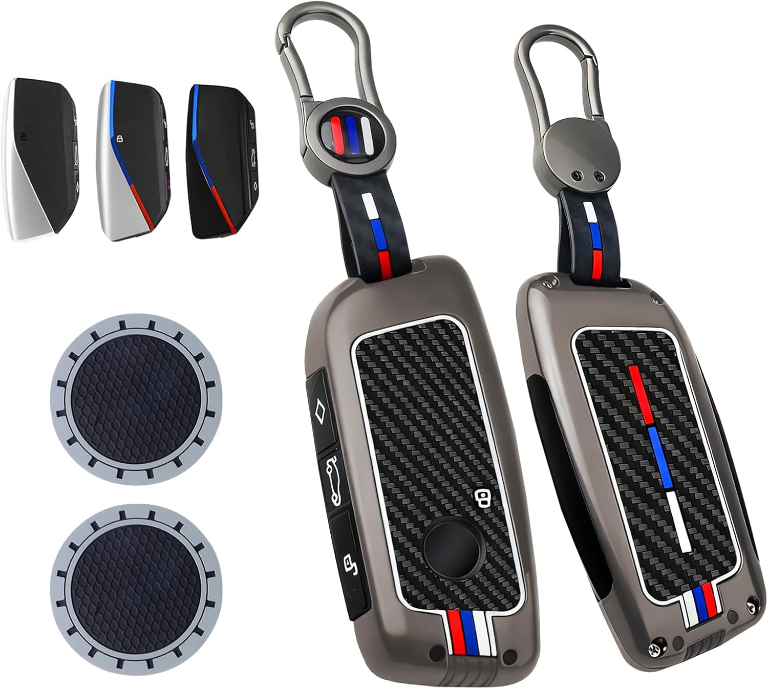3 Pack for BMW Key Fob Cover, Fit for 2023-2025 2026 New X5 X6 X1 X7 5 7 iX i7 740i 760i XM Accessories, Zinc Alloy Key Case with Carbon Fiber Pattern Silicone Remote Key Protector Keychain