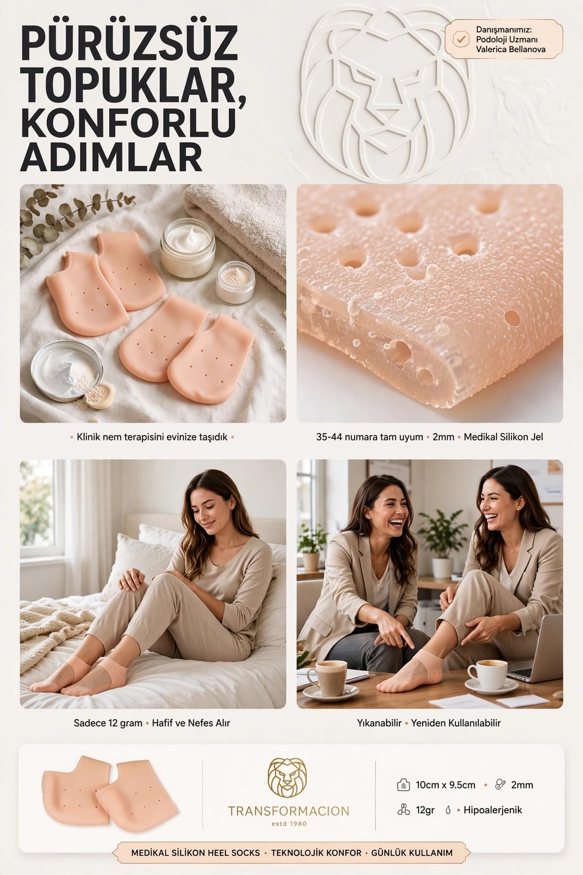 Transformacion Medikal Silikon Topuk Çorabı 2 Çift 4lü Çatlak Giderici Nem Tutucu Esnek Gece Bakım Koruyucu Jel Tabanlık Ped 2 ÇİFT 721955