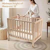 Vista 5 de Cuna de madera plegable junto a la cama - Cuna portátil 4 en 1 para bebé con colchón transpirable, cuna de 3 alturas con ruedas, cuna mini