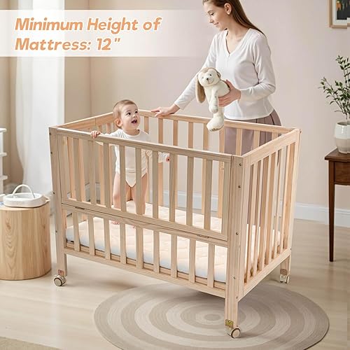 Miniatura 5 de Moisés plegable de madera Moisés portátil 4 en 1 con colchón transpirable, cuna de bebé de 3 alturas con ruedas, mini cuna para bebés recién