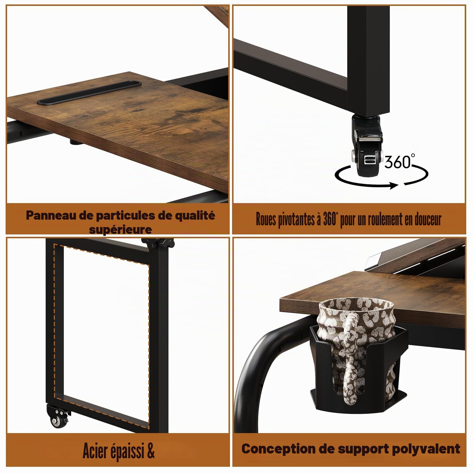 VEDECASA Table de lit sur roulettes réglable en hauteur pour hôpital et maison - Mobile et stable avec plateau pour ordinateur portable, nourriture ou livres (marron)