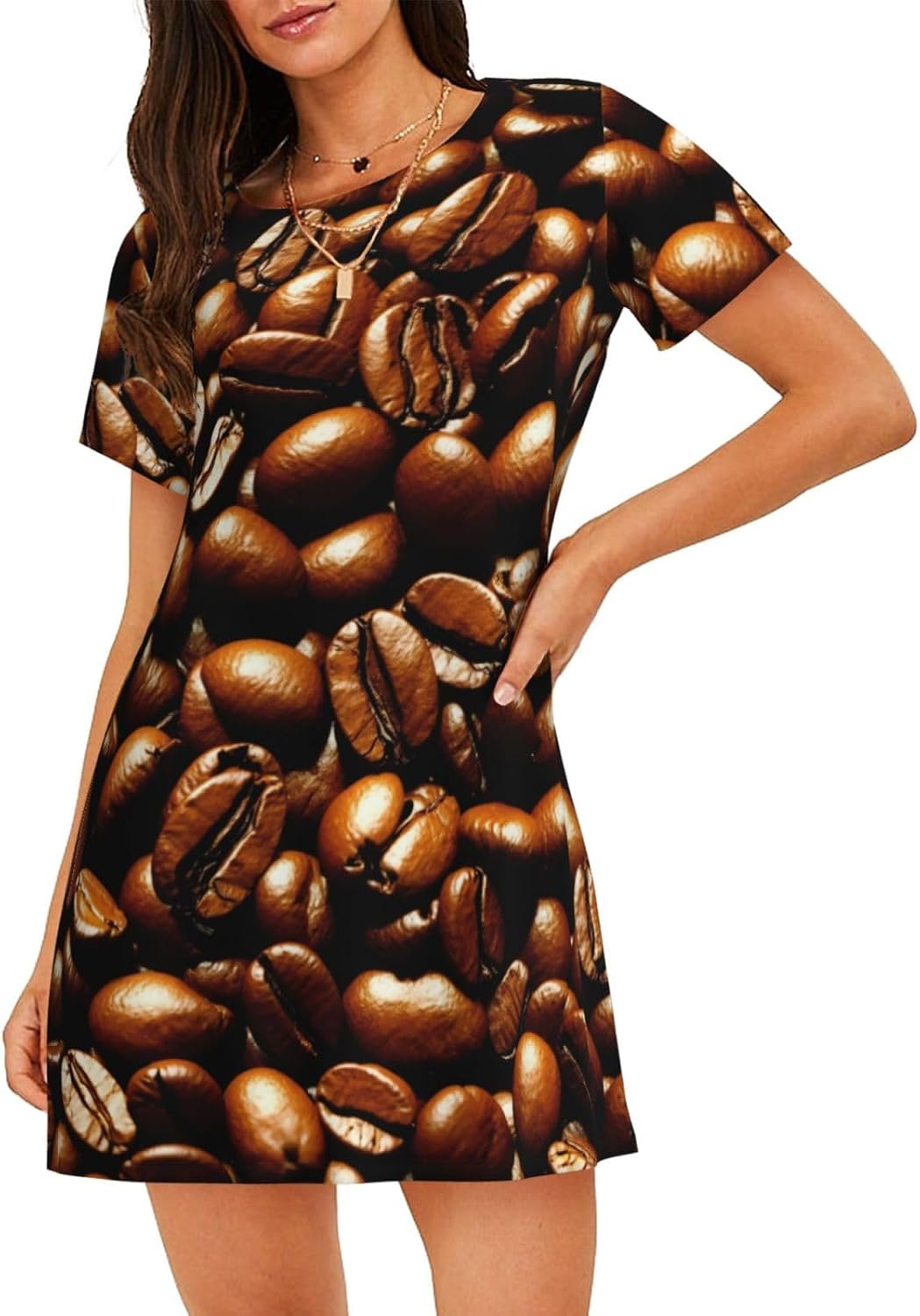 Funny Roasted Coffee Beans Print Women'S Soft Short Sleeve Sleepwear, Comfy Nightgown, A-Line Loose Fit Sleepshirt