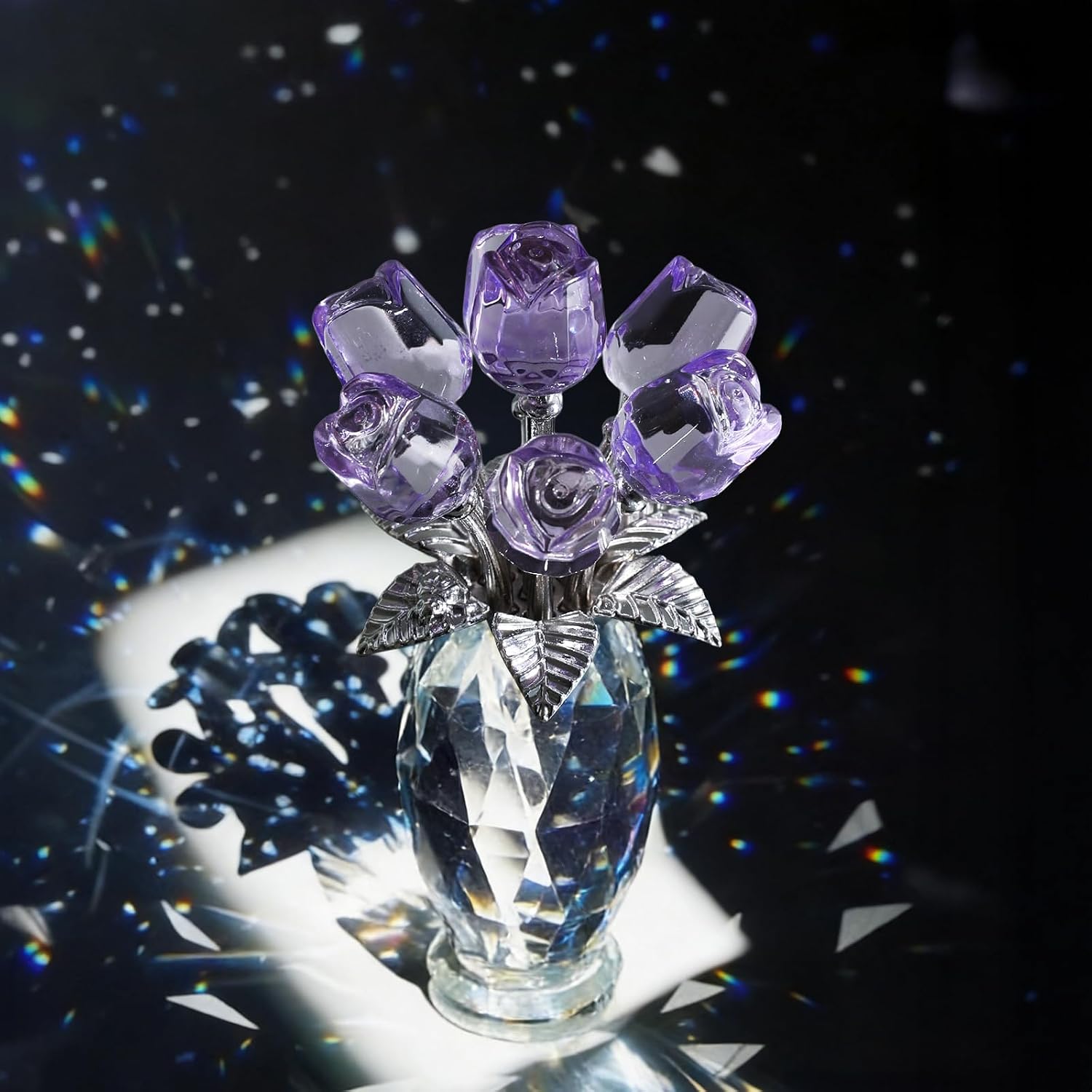 Purple Crystal Rose Figurine in Faceted Vase - Hand-Polished 5.7" Glass Flower Statue Home Decor - Forever Rose Collectible for Mothers Day, Birthday, Wedding for Her