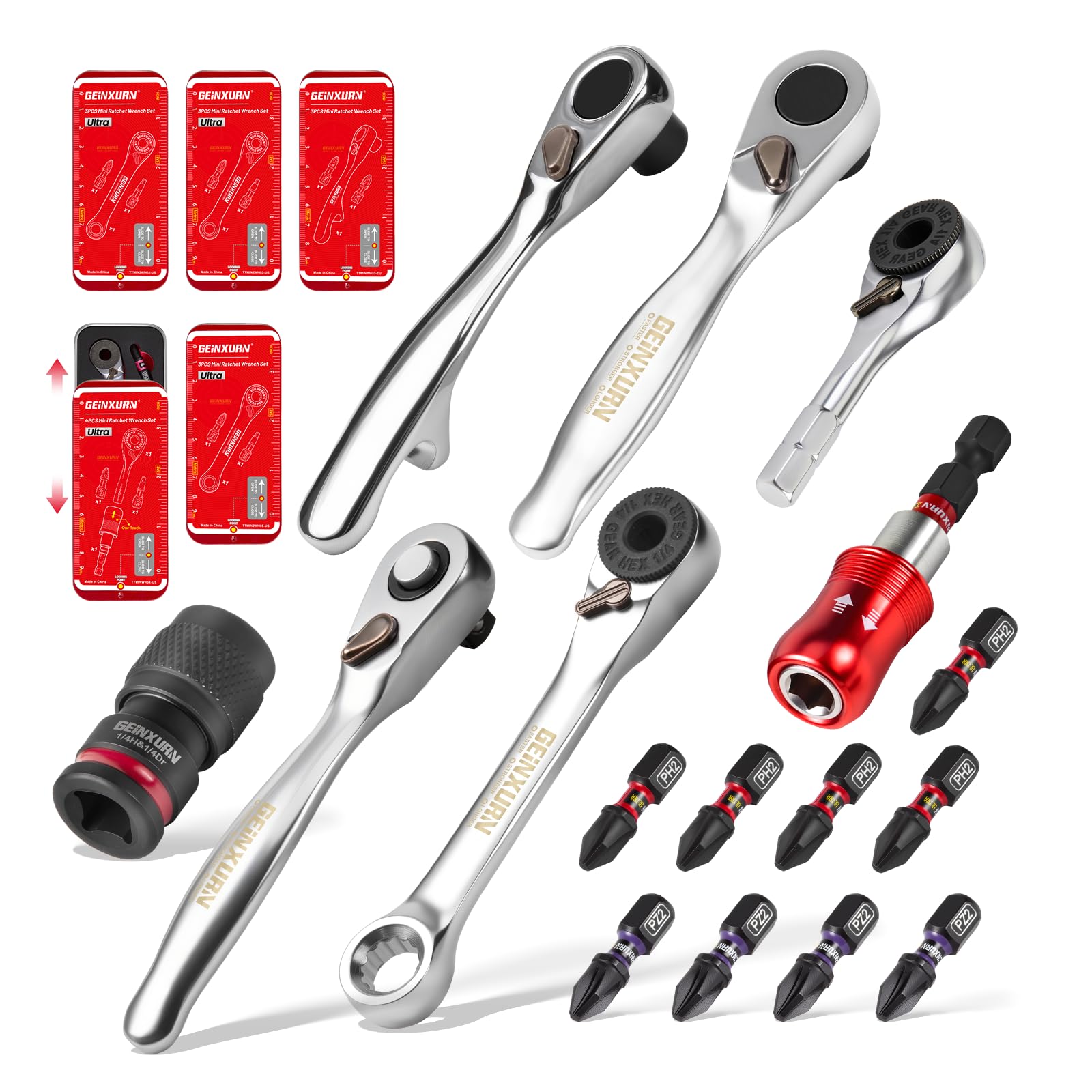 GEINXURN 5 Cases Mini Ratchet Wrench Set, 72 Teeth 1/4 inch Socket Wrench for Tight Space, with Magnetic Impact Bit Holder, PH2 PZ2 Driver Bits and Socket Adapter All in Slide Cases, Ideal for Repair
