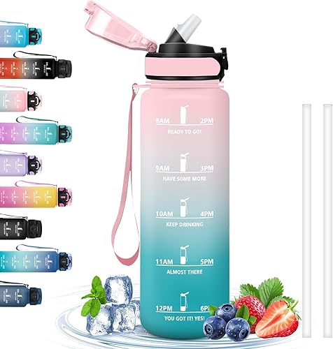 Miniatura 23 de Water Bottle - 1L - Leak-Proof Sports Bottle, Straw Bottle for Bodybuilding, Graduated Water Bottle with Time Marker, Motivational Water Bottle