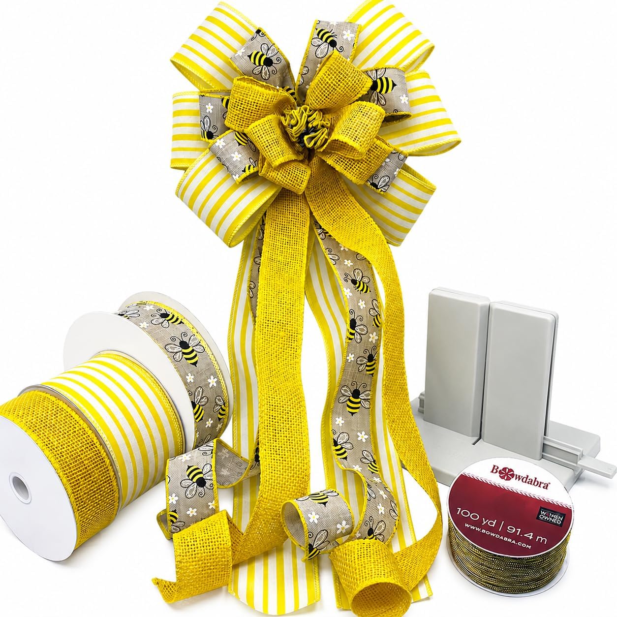 Morex Ribbon Bowdabra Bumblebee Wreath Bow Making Kit Bundle, DIY, Yellow Burlap, Striped, Bee Decorations