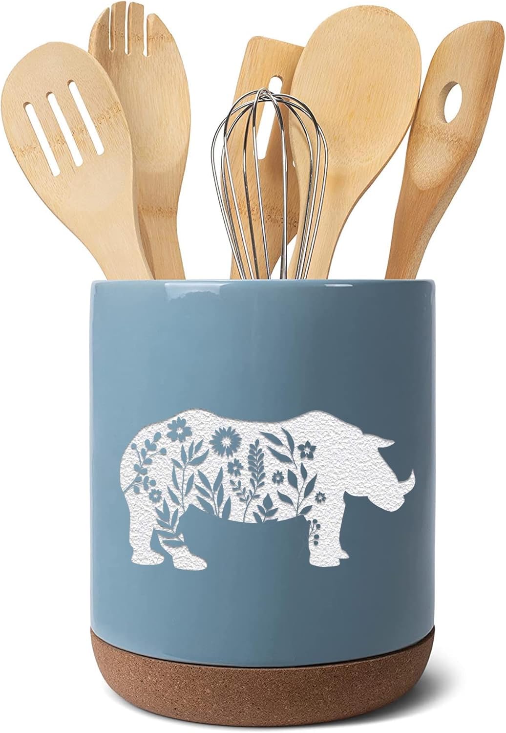 Elanze Designs Rhino Growing Wildflower Animal Floral Motif X-Large Cork Bottom Ceramic Stoneware Utensil Holder, Spatula Caddy, Crock Container, Kitchen Storage Organizer Home Décor, Sky Blue