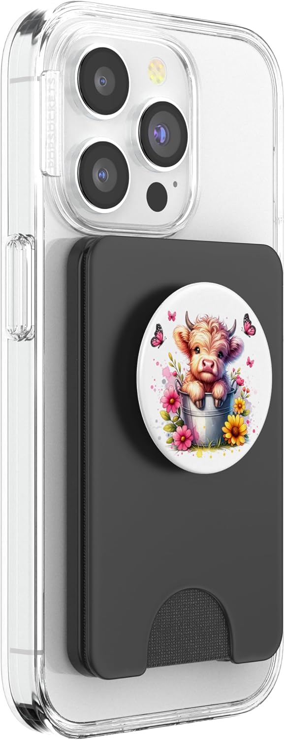 Cute Baby Highland Cow Calf Flowers Graphic PopSockets PopWallet for MagSafe