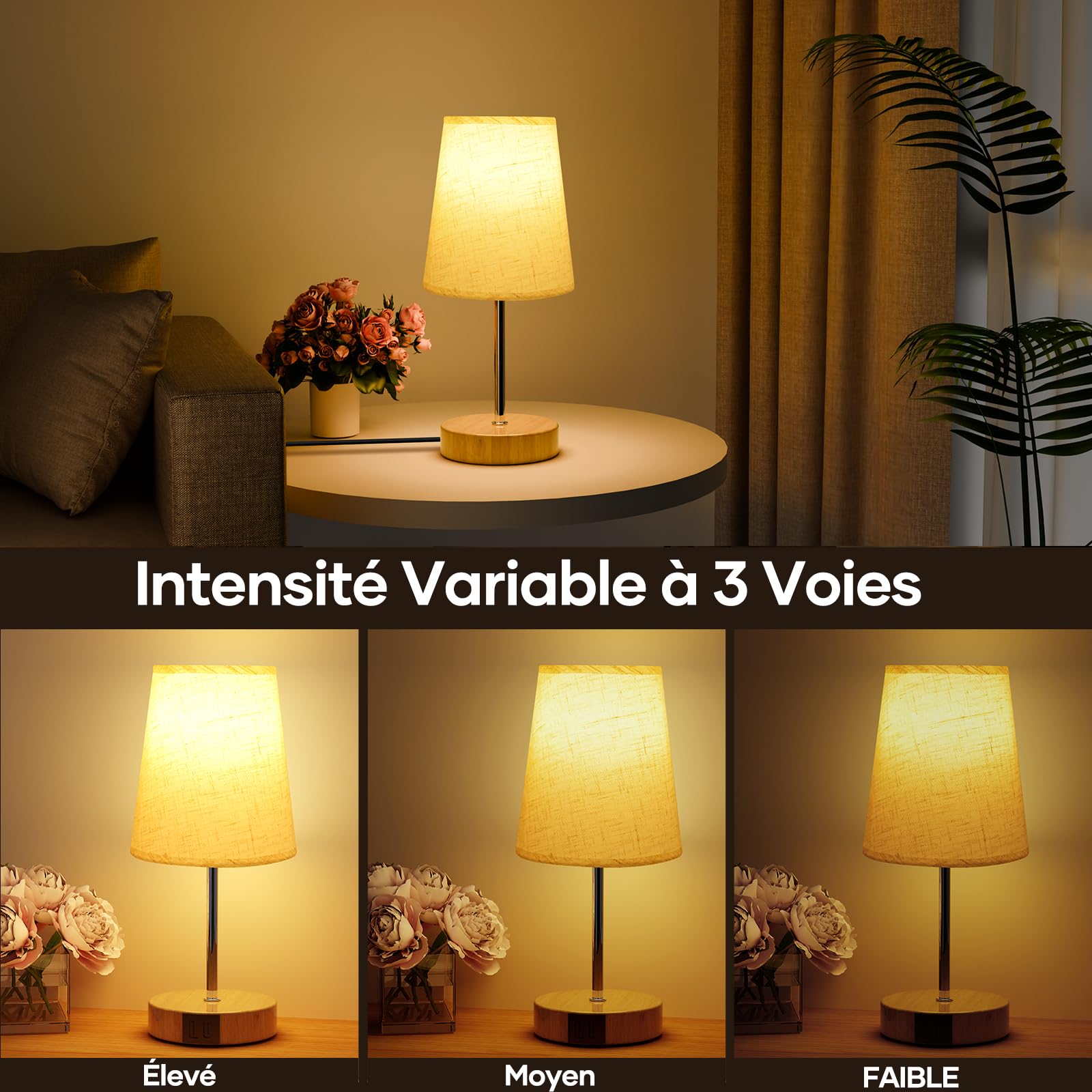 Suright Lampe de Chevet Tactile avec Ports de Charge USB-A + USB-C, 3 Niveaux de Luminosité, Abat-jour en Tissu, Petite Lampe de Table pour Chambrer Salon D'enfant Bureau (Ampoule Incluse)