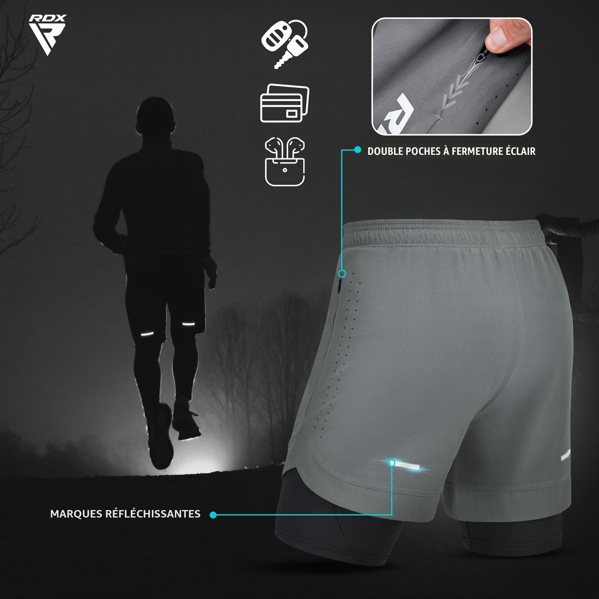 RDX Short de Course pour Homme, Sport de Course Bermuda, élastique léger à séchage Rapide avec 2 Fermetures éclair et 2 Poches pour téléphone, pour l'entraînement, Le Jogging, la Natation, Le