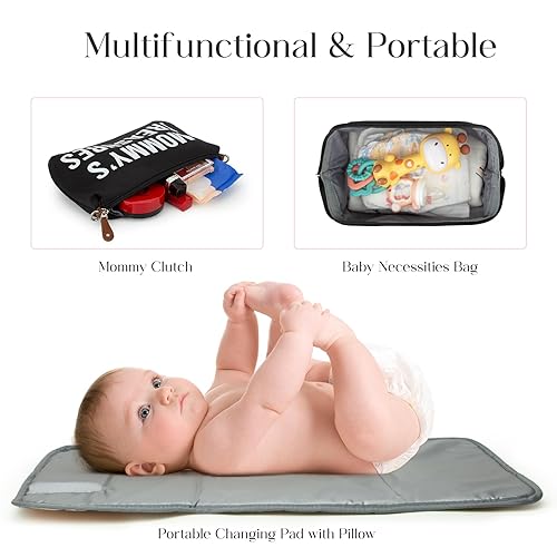 Miniatura 5 de printe Bolsa de pañales grande de 6 piezas con cambiador y 2 bolsas organizadas, bolsa de mamá para hospital con funda para chupete, correas, gancho