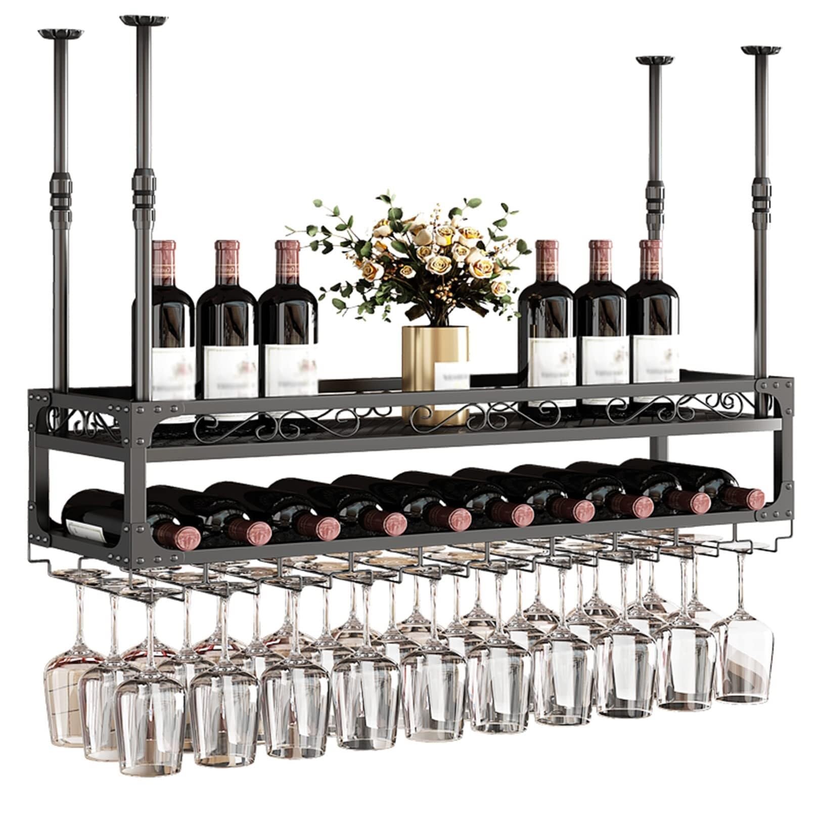Casier à vin suspendu plafond étagère 2 couches porte-bouteille noir 100x30 cm
