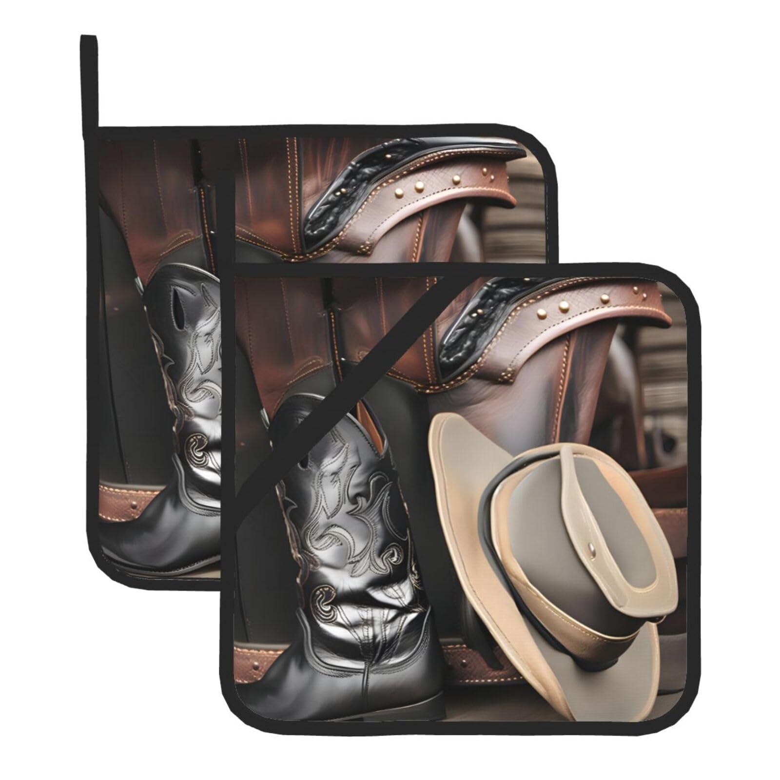 HJFCZH Cowboy Black Hat Western Boots Prints Square Hot Pads for Kitchen Counter - Waterproof Pot Holders, Durable Heat Resistant Throw Layers for Serving, Oven & BBQ - 2 Pack