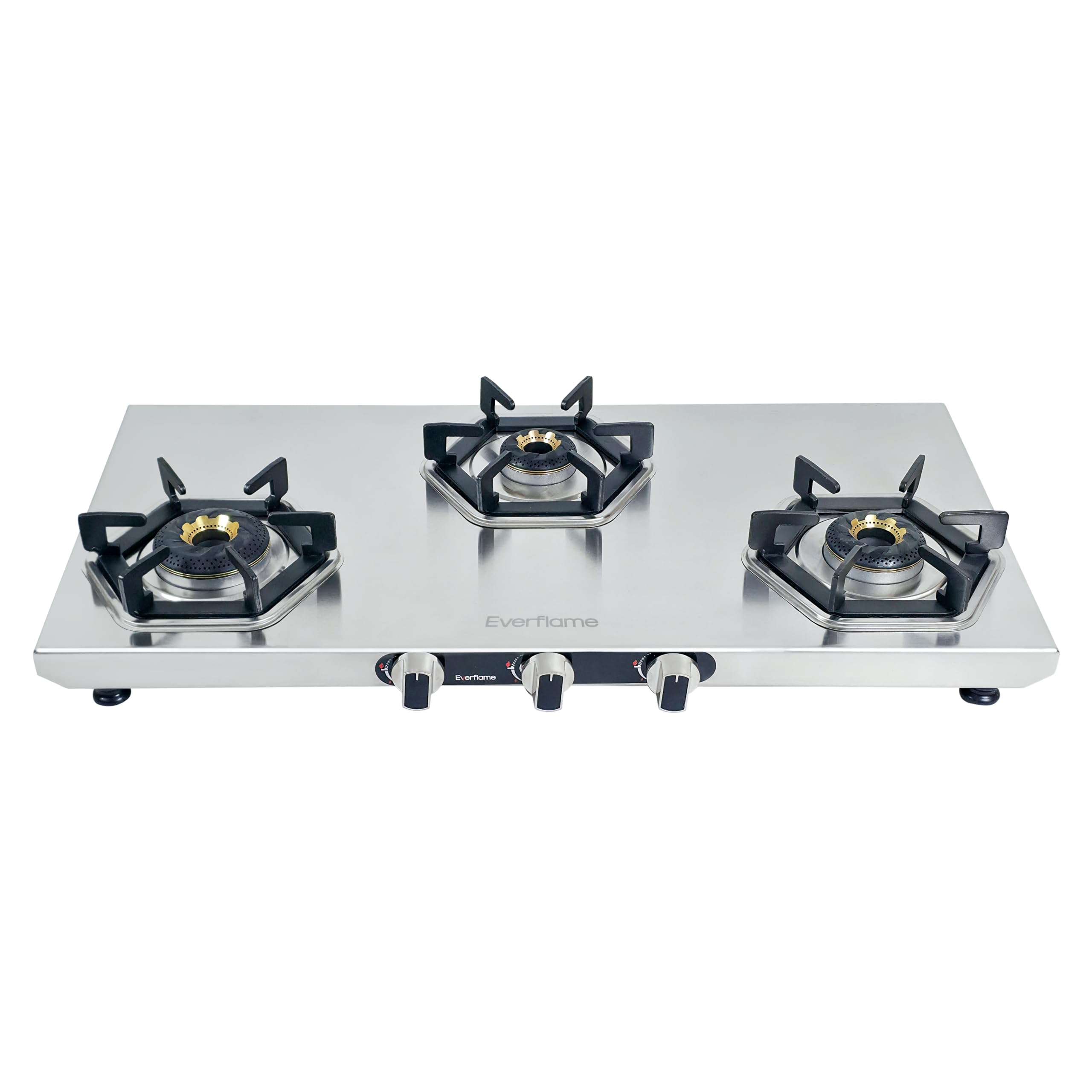 Everflame Hexon 3 Burner Stainless Steel Gas Stove | 2mm Thick Jointless SS Body | 3D Forged Brass-Burner | ISI Certified | Manual Ignition | 2 Years Manufacturer Warranty