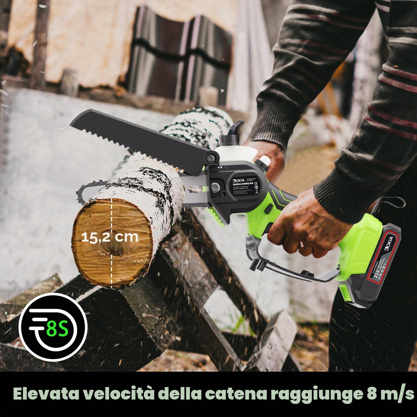 AOKIA 6 Pollici Motosega a Batteria Telescopica & 33 mm Forbici Potatura a Batteria, 4-in-1 Kit Motosega e Forbici con 2 * 2000 mAh Batterie, Portata Massima Fino a 4,5 m