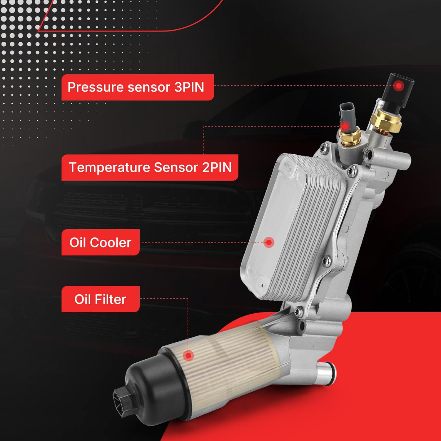 926-876 Aluminum Engine Oil Cooler Oil Filter Housing Adapter For 2011-2016 Dodge Charger,Chrysler 200 300, Grand Cherokee, Wrangler, Ram 1500 ProMaster 3.6L Replaces# 5184304AE (926-876, 1PCS)